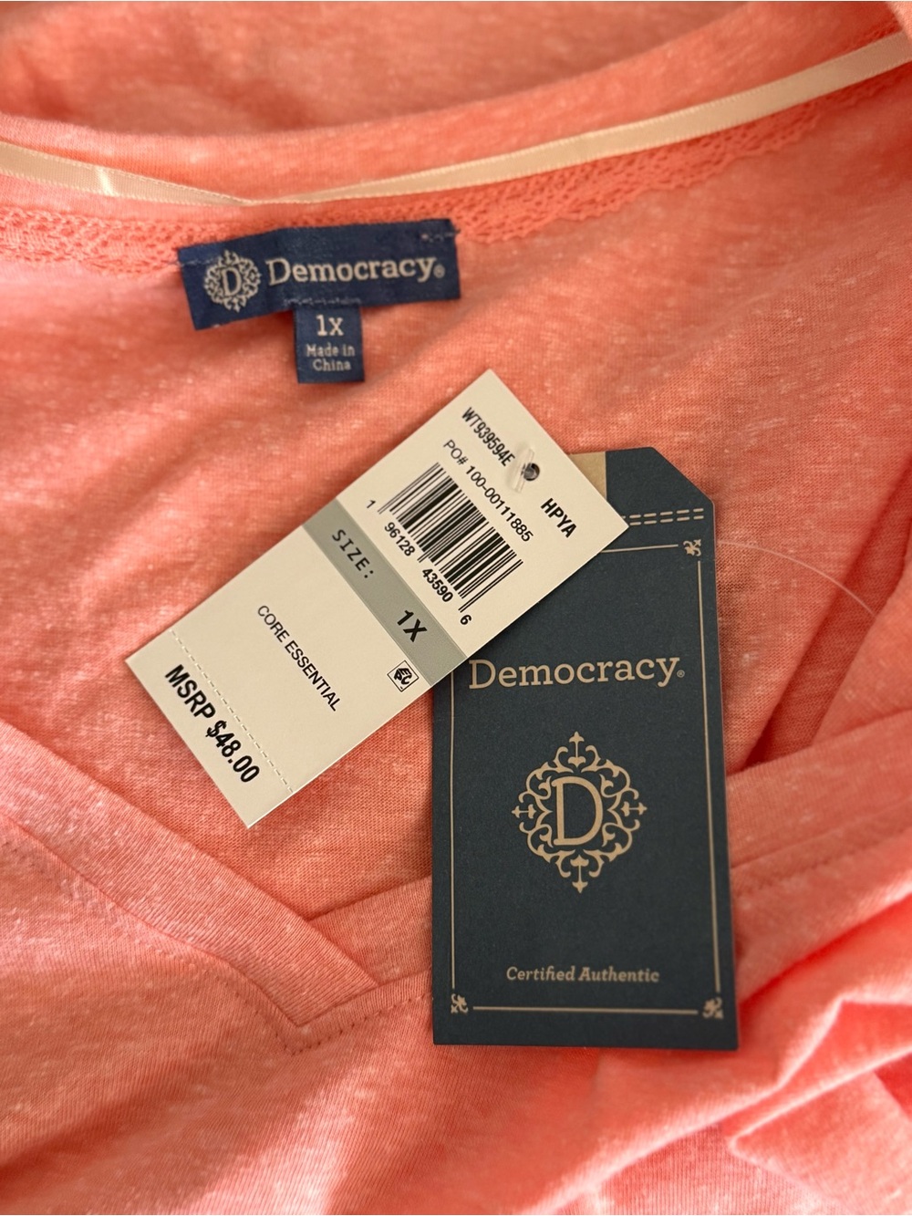 Democracy Short Sleeve V-Neck Top in Peach/Coral 1X - Picture 6 of 7
